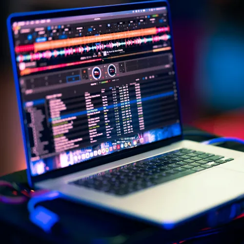 Editing software on a laptop.