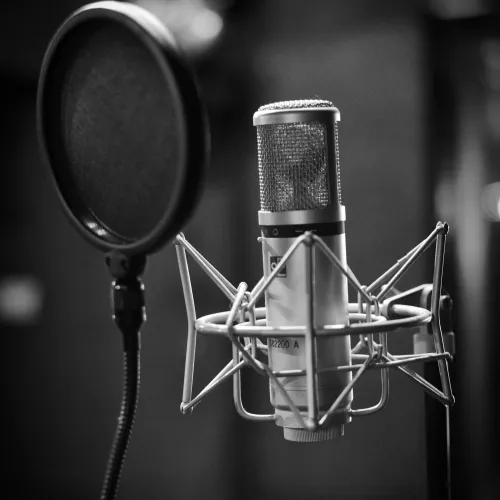 Studio microphone in black and white.