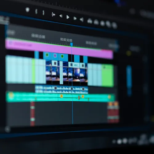 Post-production editing on a computer.